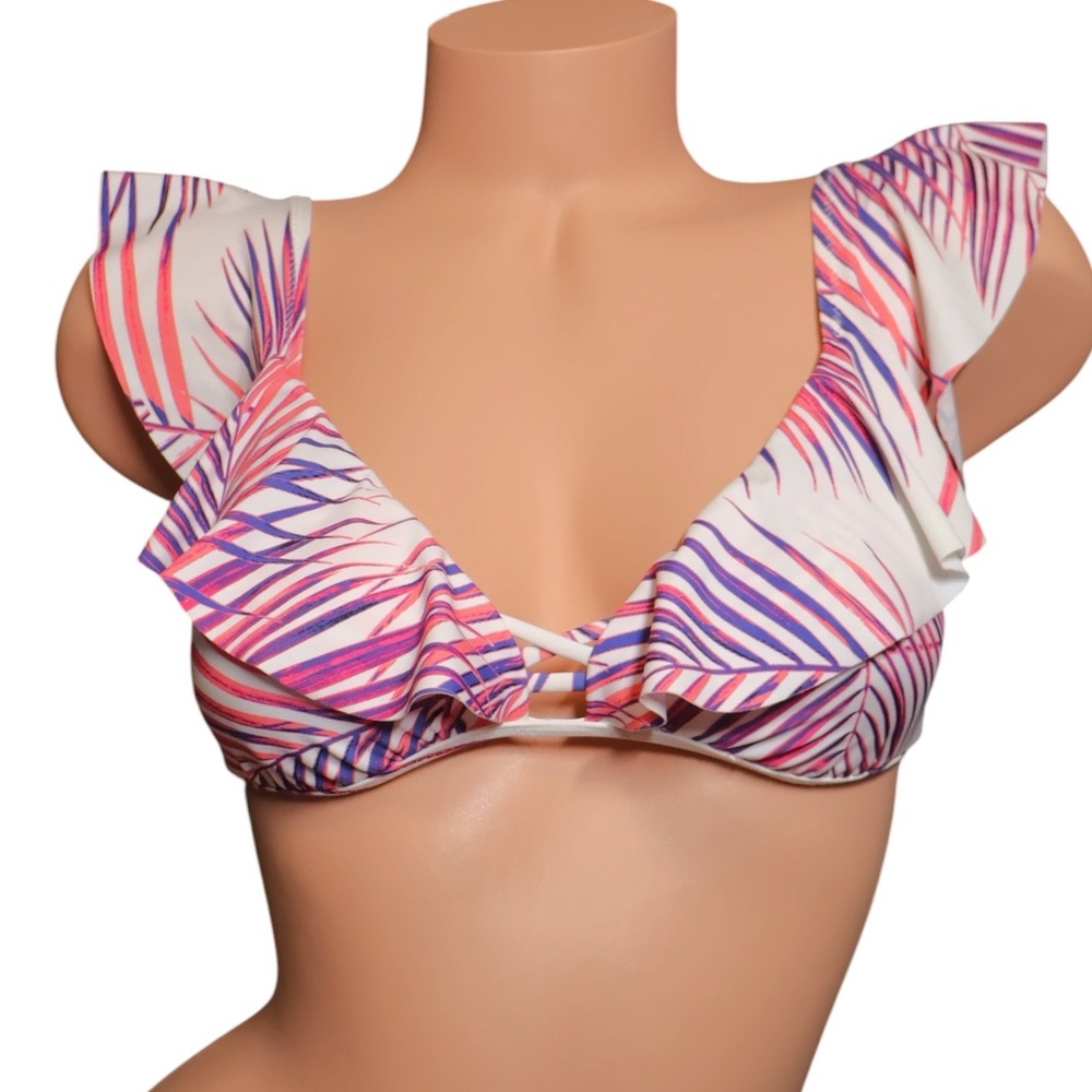 Raisins NWT Small White Tropical Palm Ruffle Shoulder Bikini Top Lace Up Back